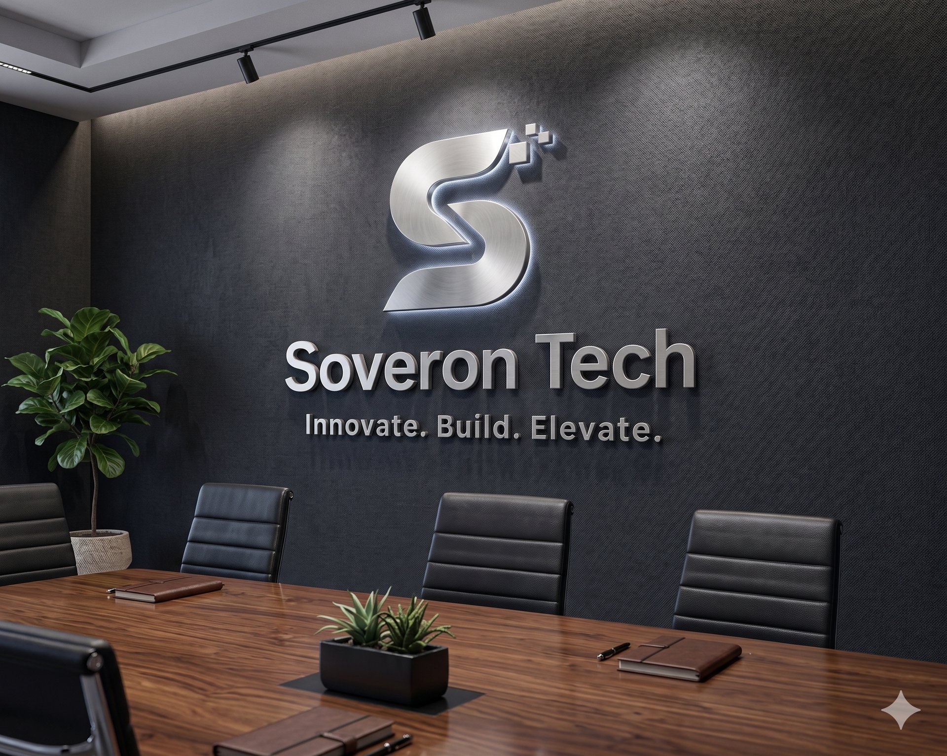 Soveron Tech metallic logo in a boardroom