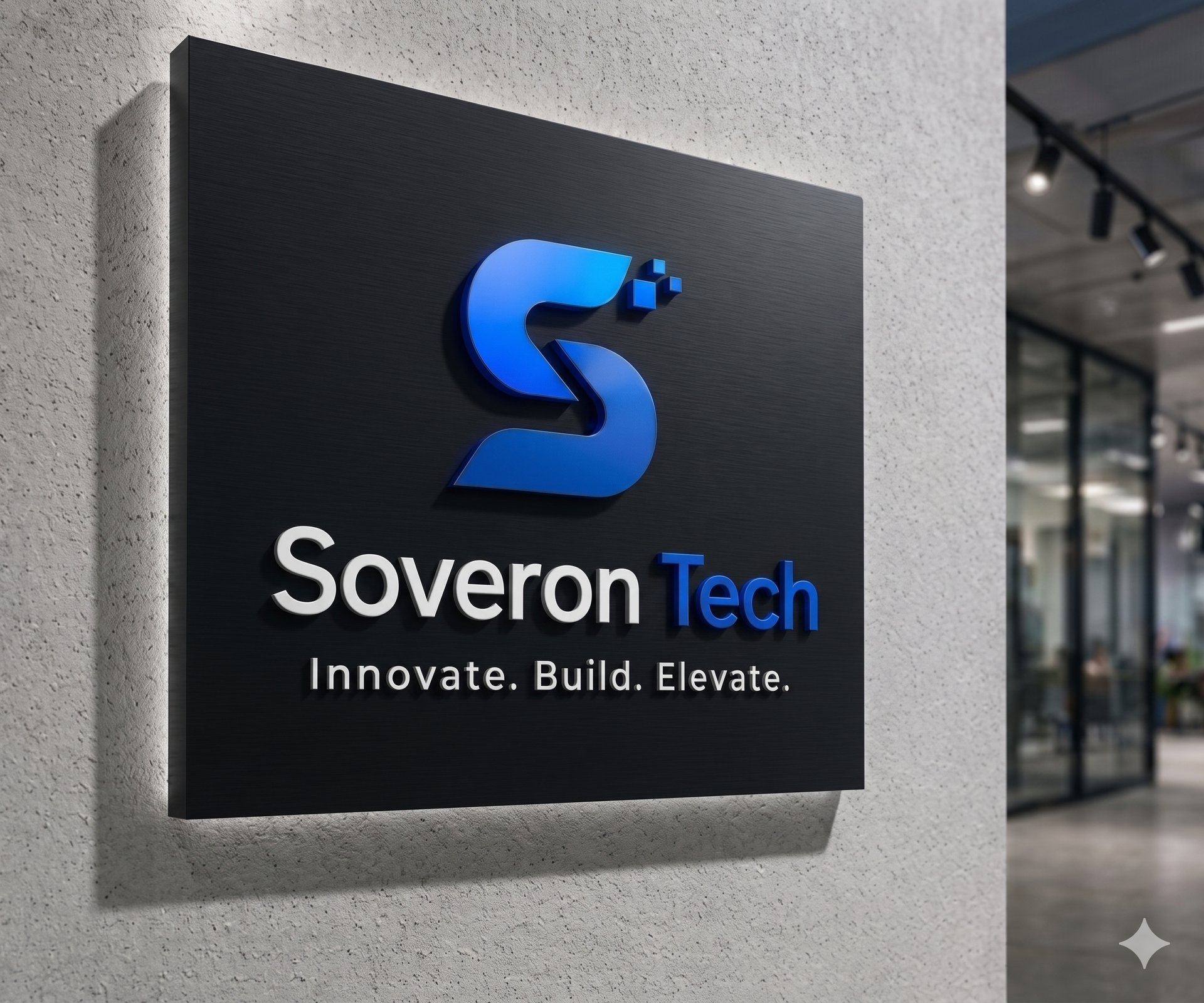 Soveron Tech 3D logo plaque on a wall